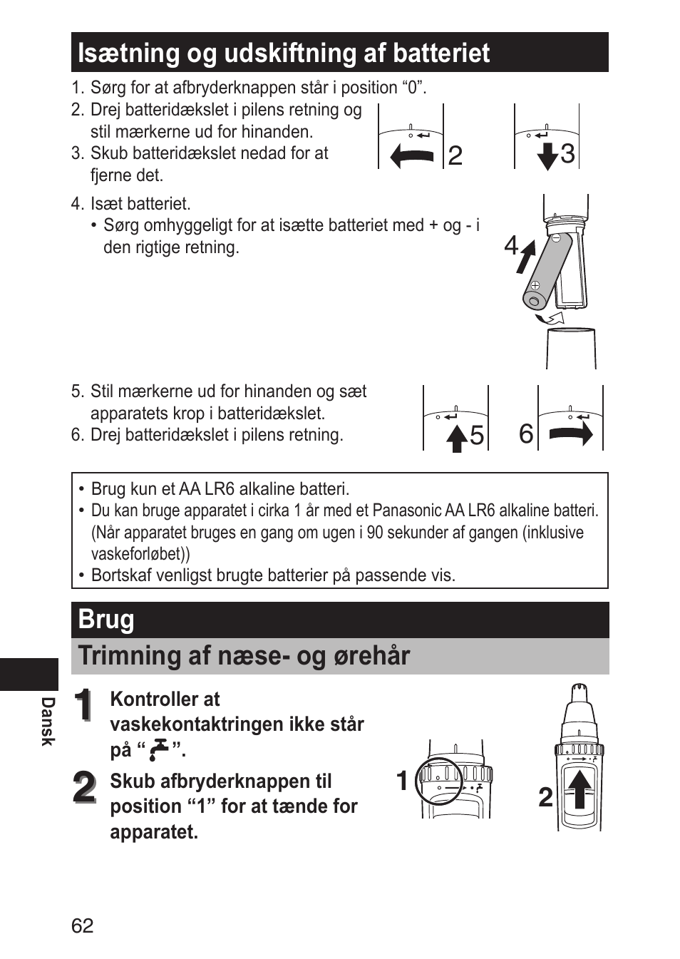 Isætningogudskiftningafbatteriet, Brug trimningafnæse-ogørehår | Panasonic ERGN30 User Manual | Page 62 / 160