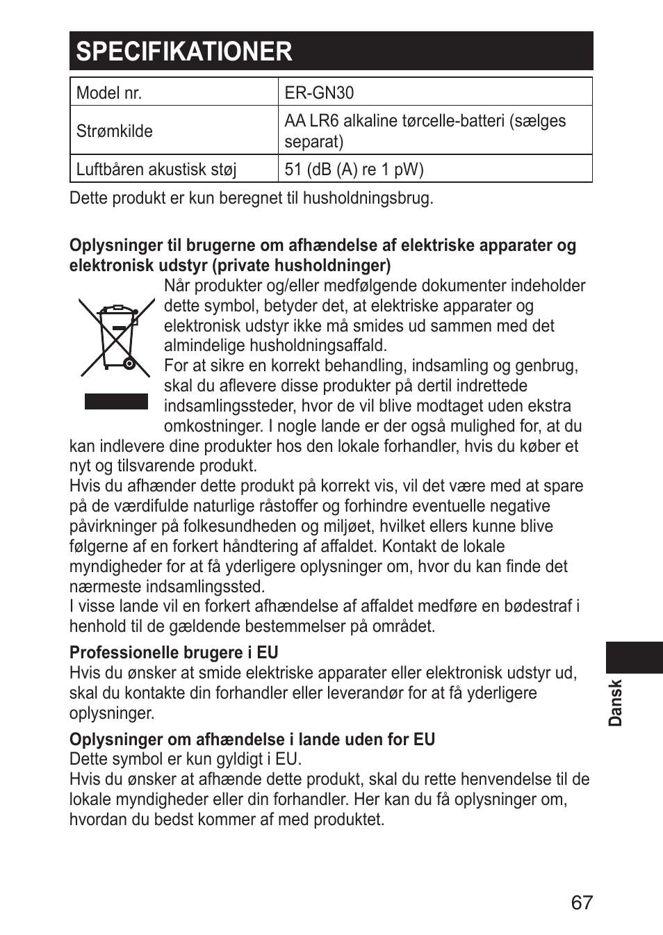 Specifikationer | Panasonic ERGN30 User Manual | Page 67 / 160