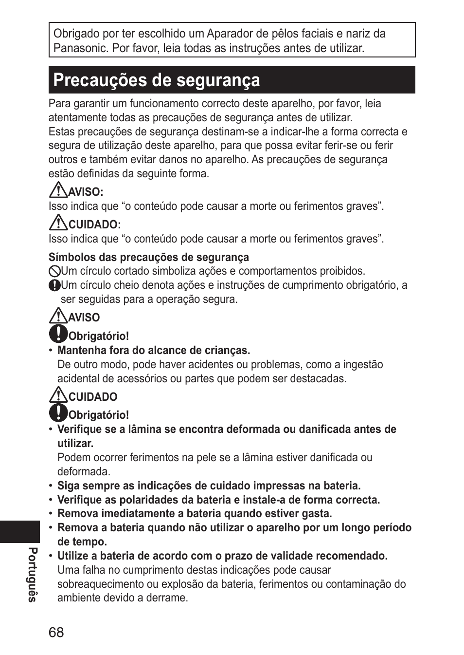 Precauçõesdesegurança | Panasonic ERGN30 User Manual | Page 68 / 160