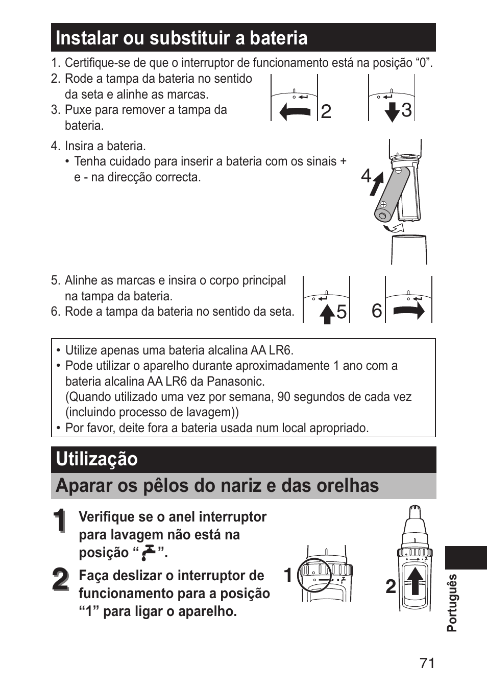 Instalarousubstituirabateria, Utilização apararospêlosdonarizedasorelhas | Panasonic ERGN30 User Manual | Page 71 / 160