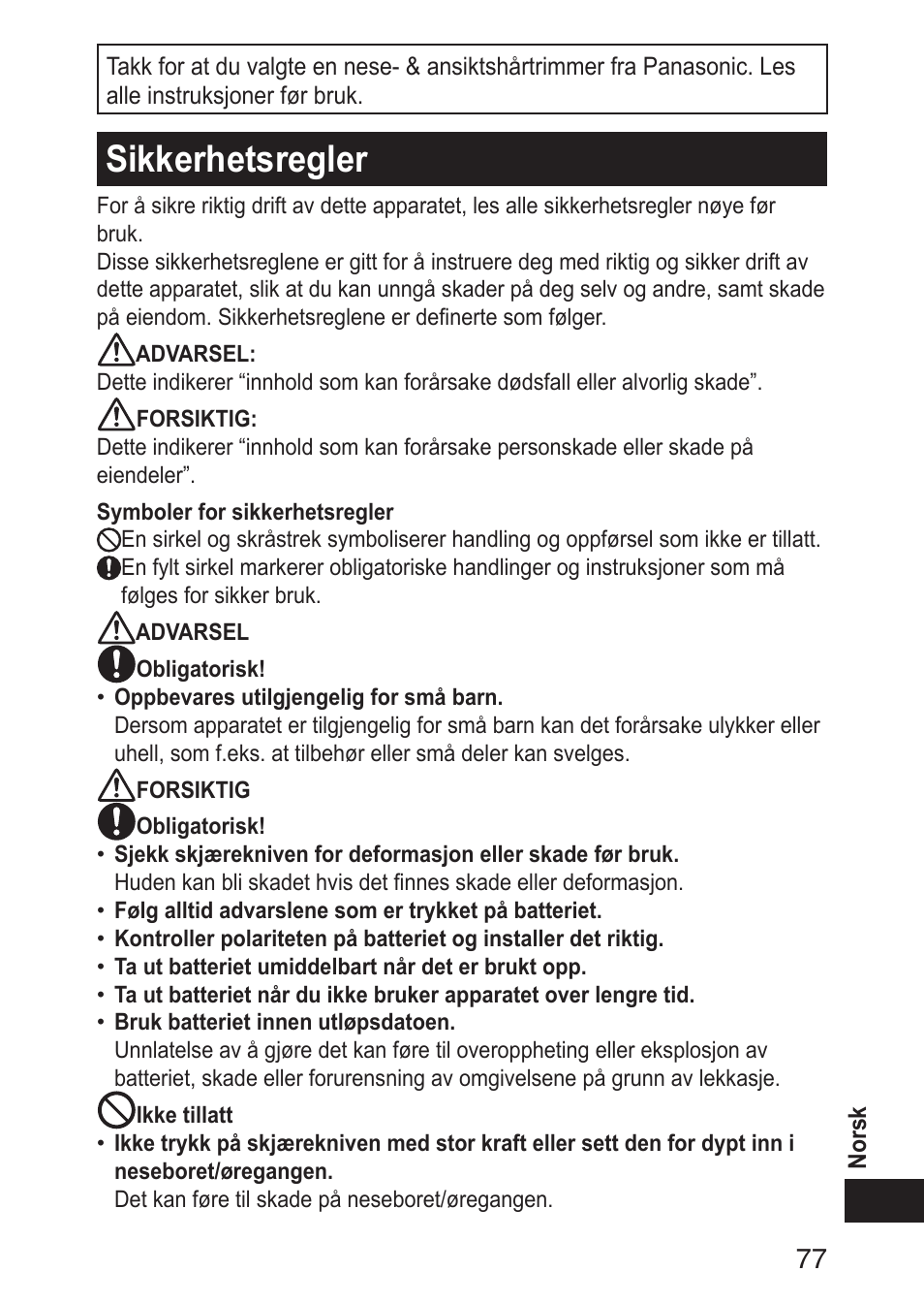 Sikkerhetsregler | Panasonic ERGN30 User Manual | Page 77 / 160
