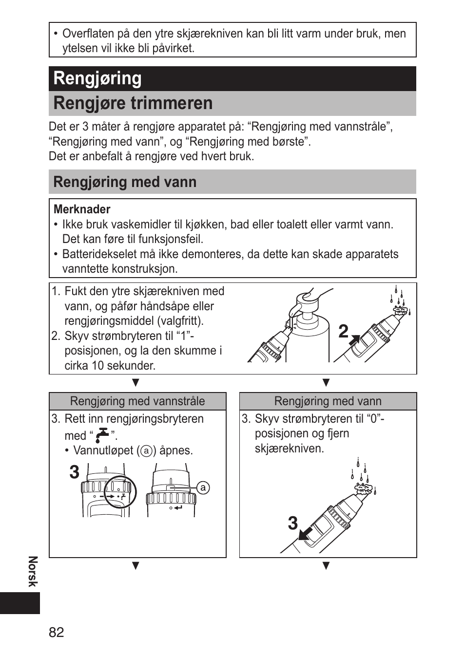 Rengjøring rengjøretrimmeren, Rengjøringmedvann | Panasonic ERGN30 User Manual | Page 82 / 160
