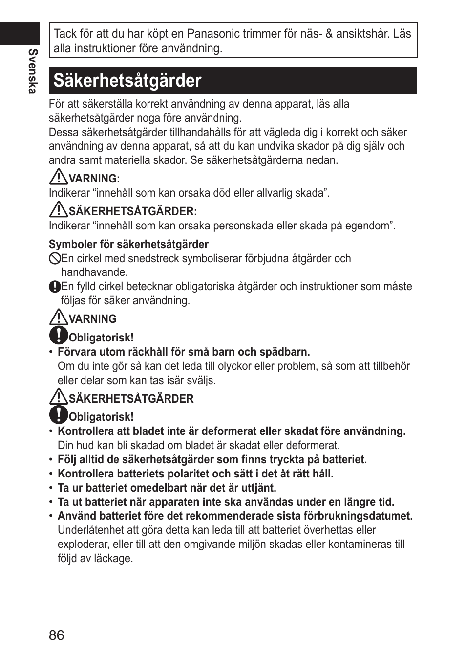 Säkerhetsåtgärder | Panasonic ERGN30 User Manual | Page 86 / 160