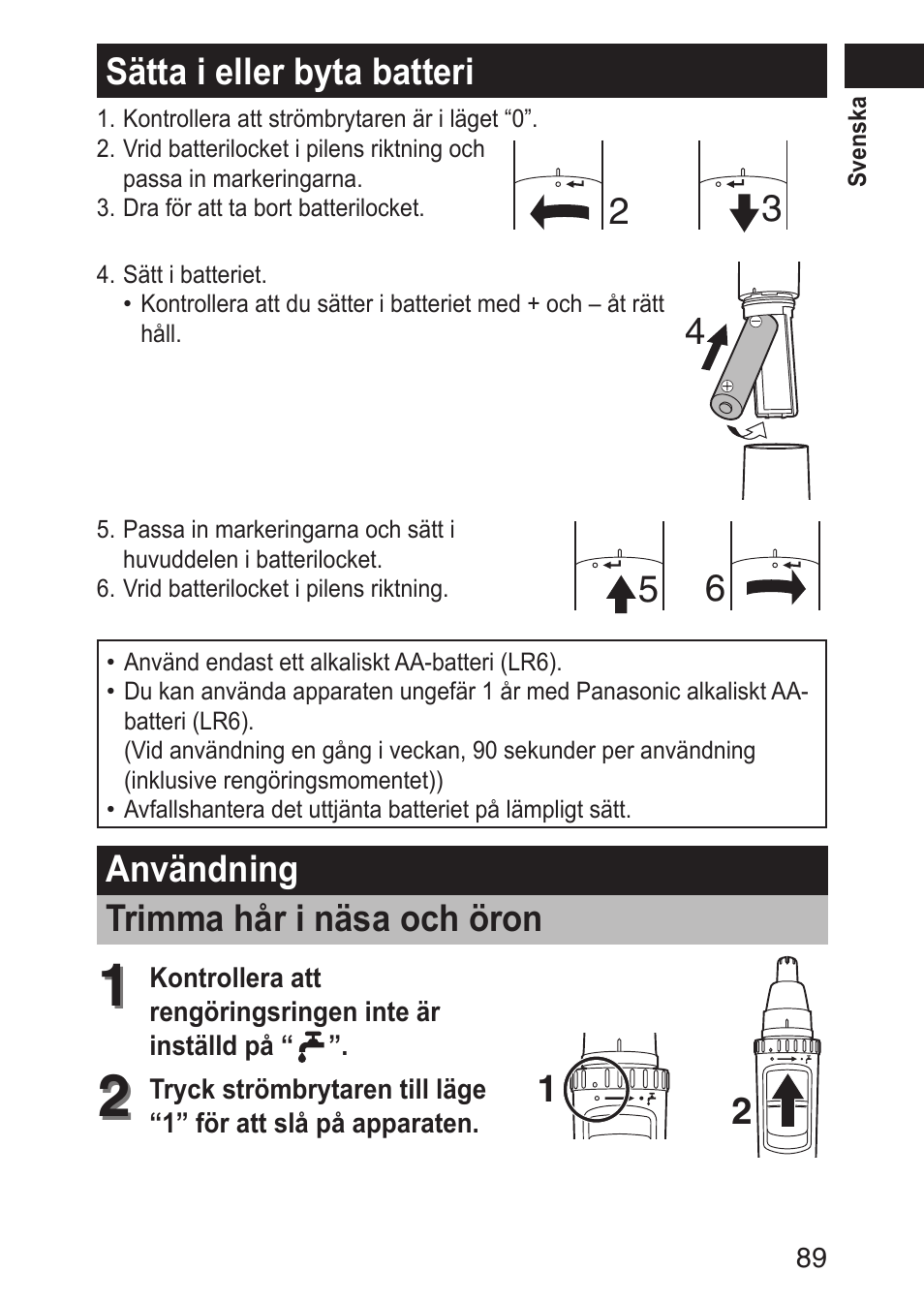 Sättaiellerbytabatteri, Användning trimmahårinäsaochöron | Panasonic ERGN30 User Manual | Page 89 / 160