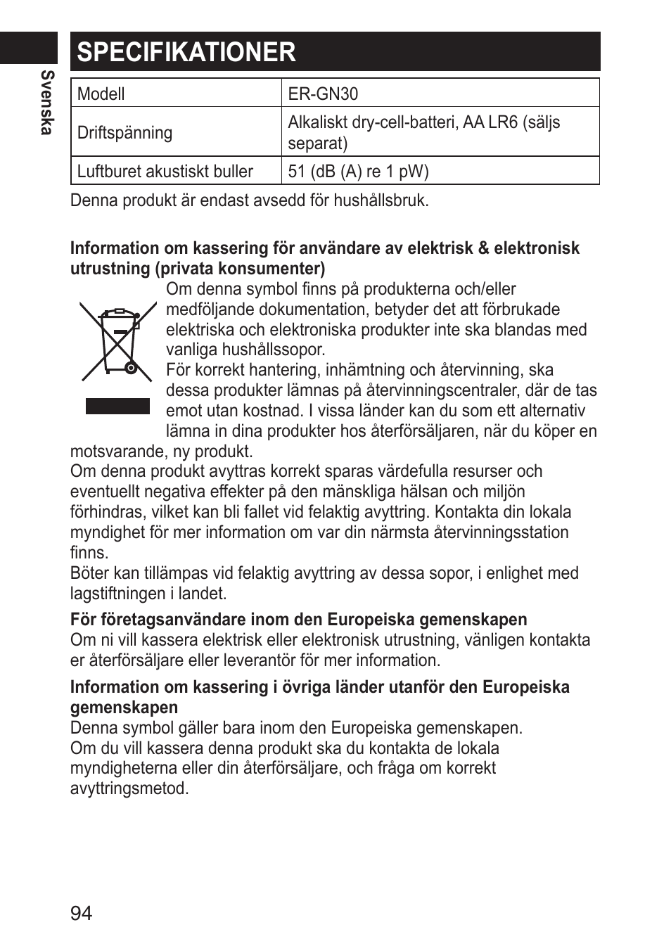 Specifikationer | Panasonic ERGN30 User Manual | Page 94 / 160