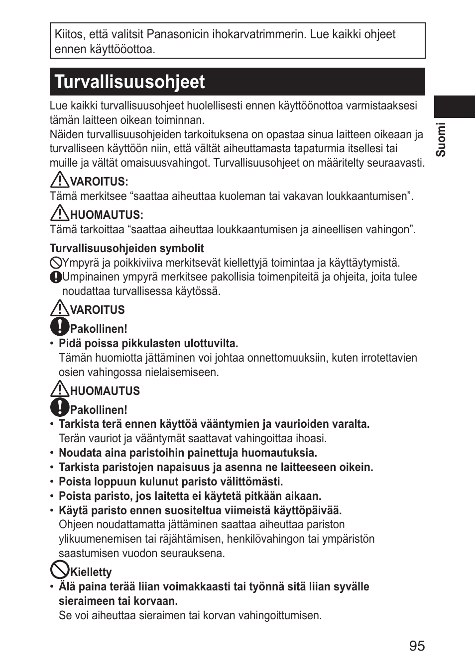 Turvallisuusohjeet | Panasonic ERGN30 User Manual | Page 95 / 160
