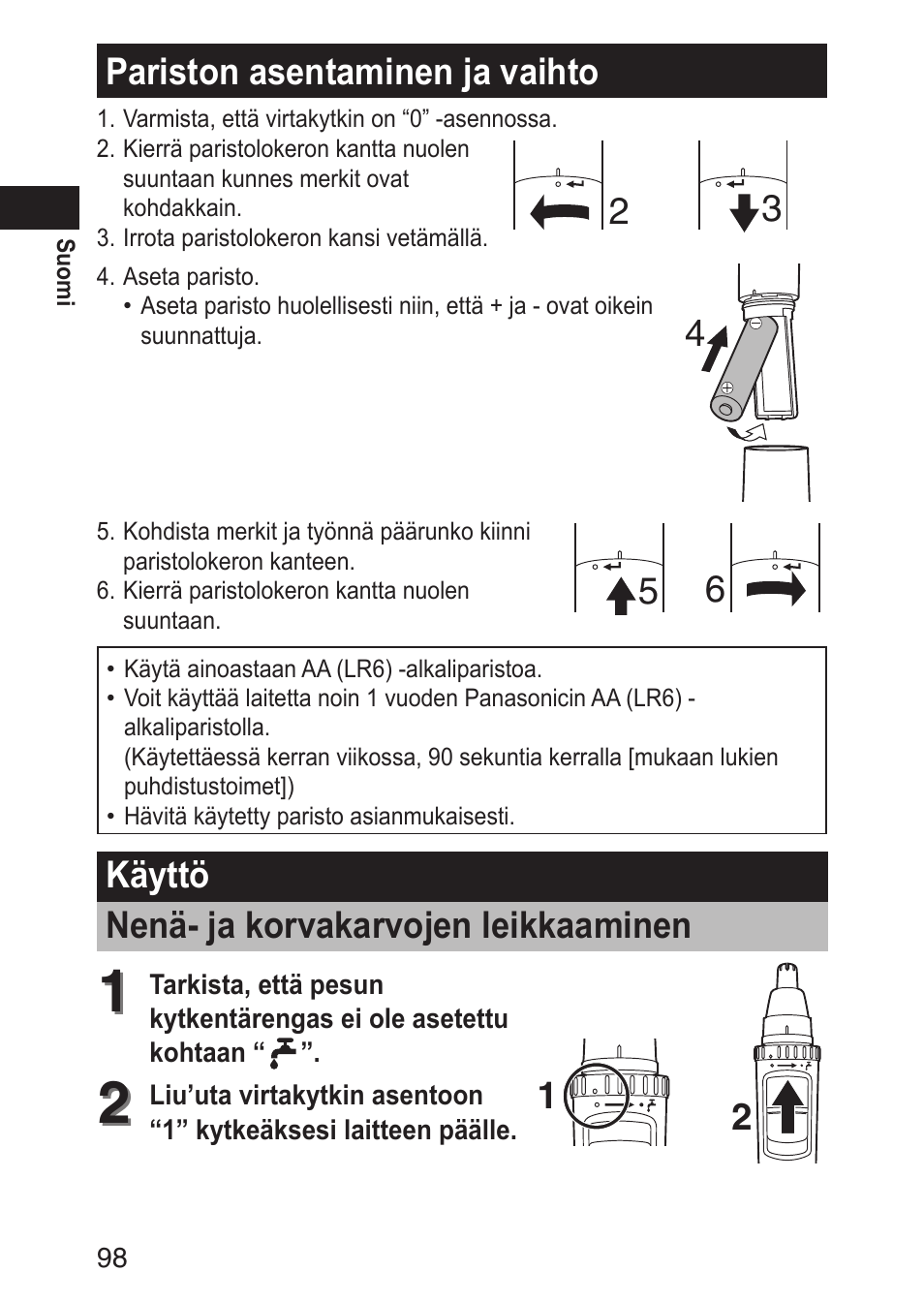 Paristonasentaminenjavaihto, Käyttö nenä-jakorvakarvojenleikkaaminen | Panasonic ERGN30 User Manual | Page 98 / 160