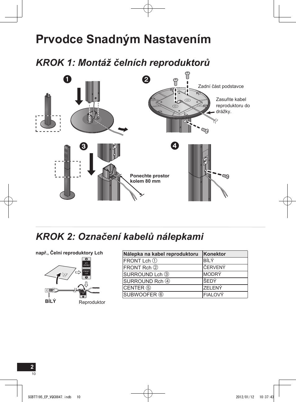 Prvodce snadným nastavením, Krok 1: montáž čelních reproduktorů, Krok 2: označení kabelů nálepkami | Panasonic SCBTT195EP User Manual | Page 10 / 20