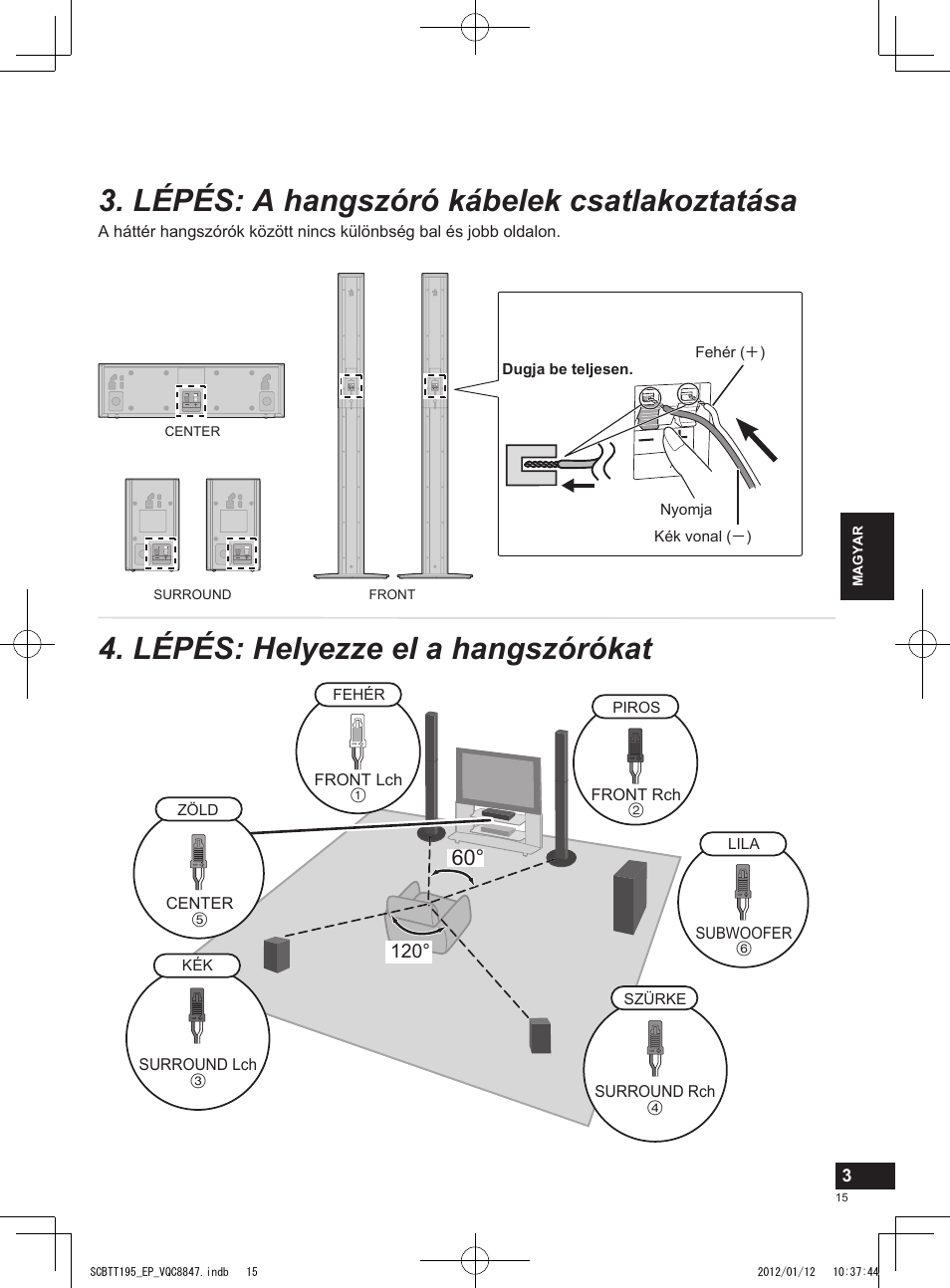 Lépés: a hangszóró kábelek csatlakoztatása, Lépés: helyezze el a hangszórókat | Panasonic SCBTT195EP User Manual | Page 15 / 20
