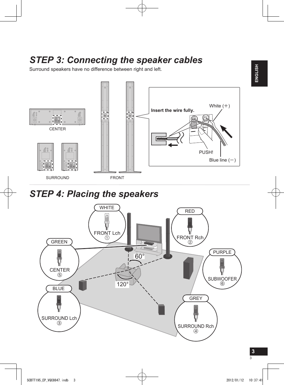 Step 3: connecting the speaker cables, Step 4: placing the speakers | Panasonic SCBTT195EP User Manual | Page 3 / 20