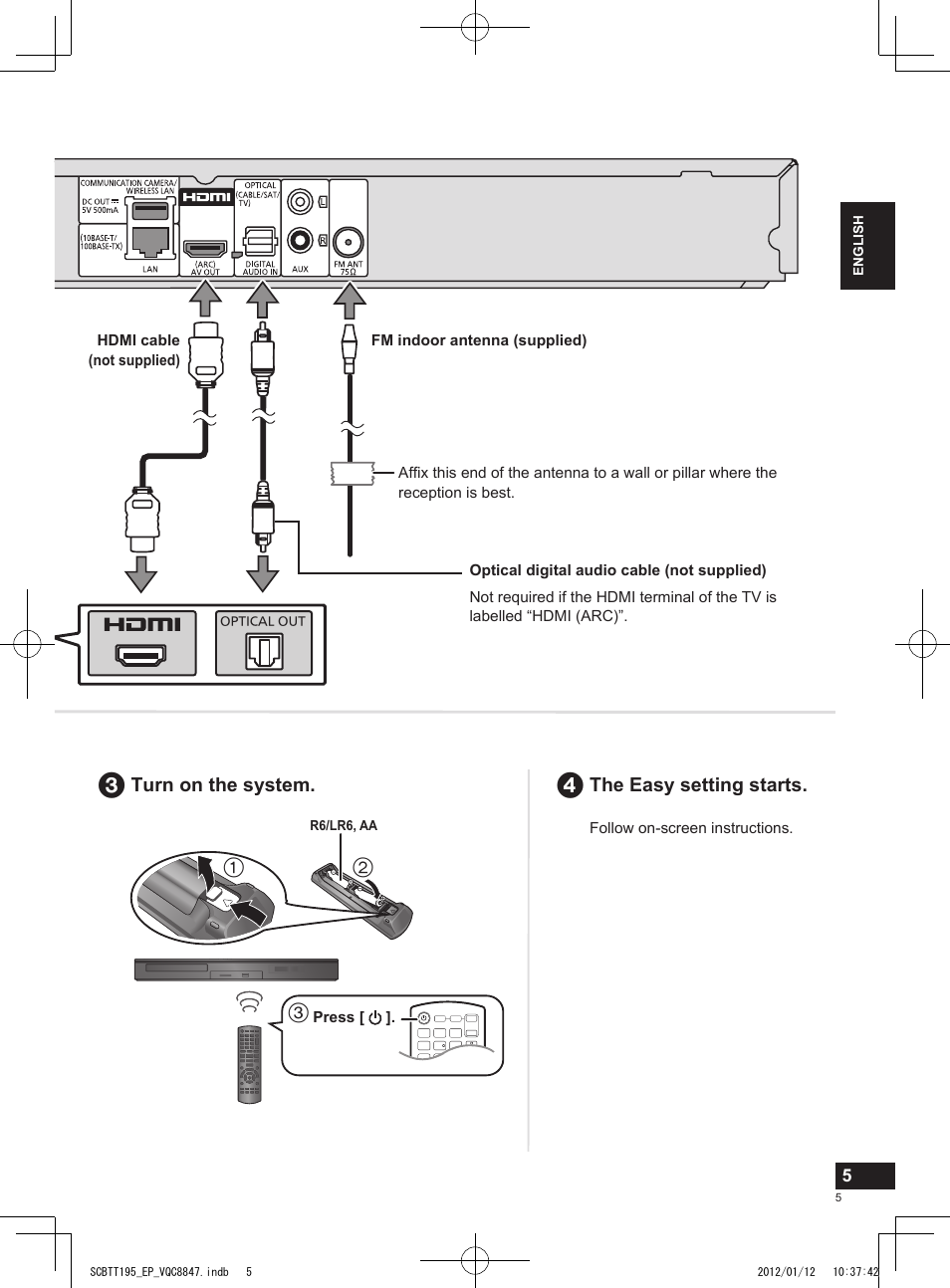 The easy setting starts, Turn on the system | Panasonic SCBTT195EP User Manual | Page 5 / 20