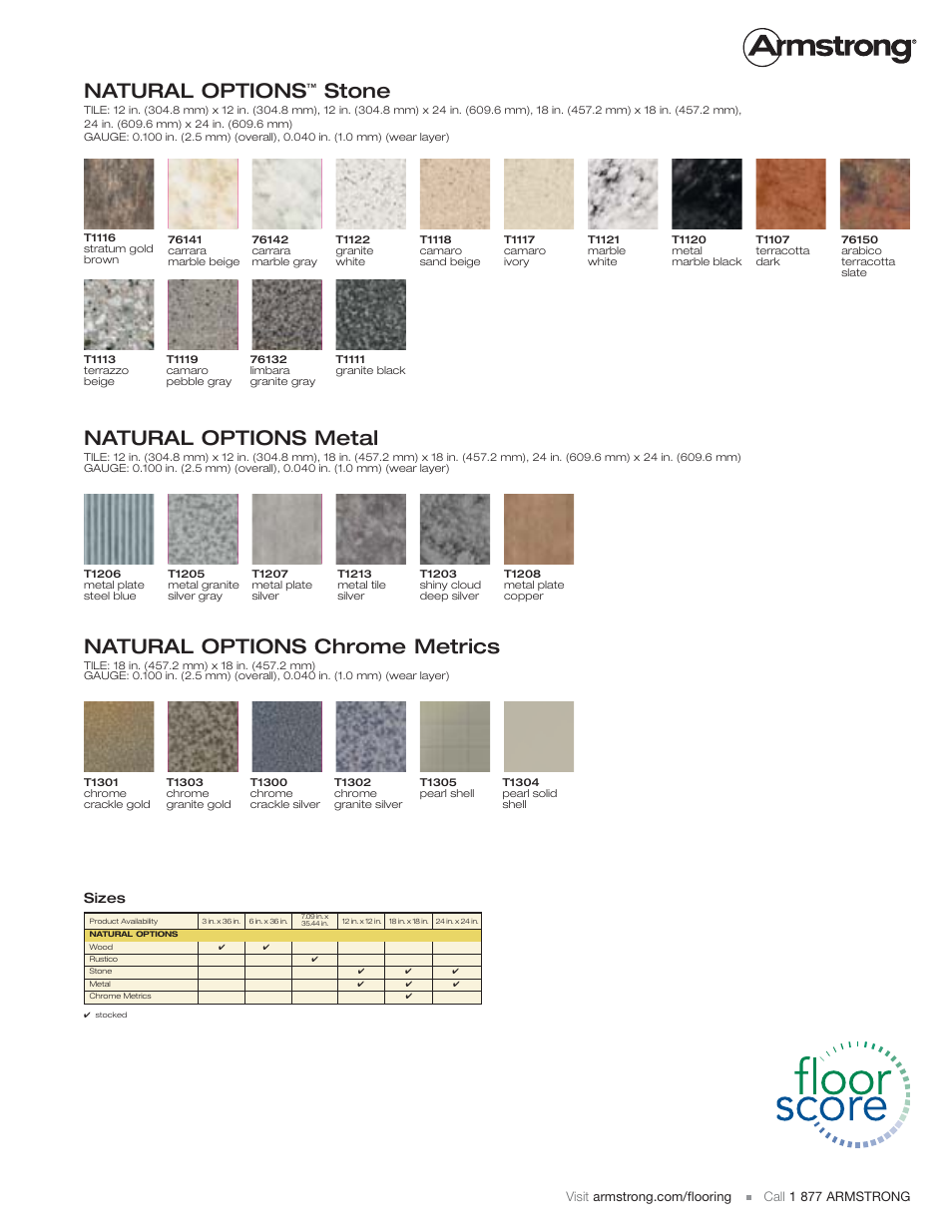 Natural options metal, Natural options chrome metrics, Natural options | Stone, Sizes | Armstrong Tools Flooring User Manual | Page 3 / 4