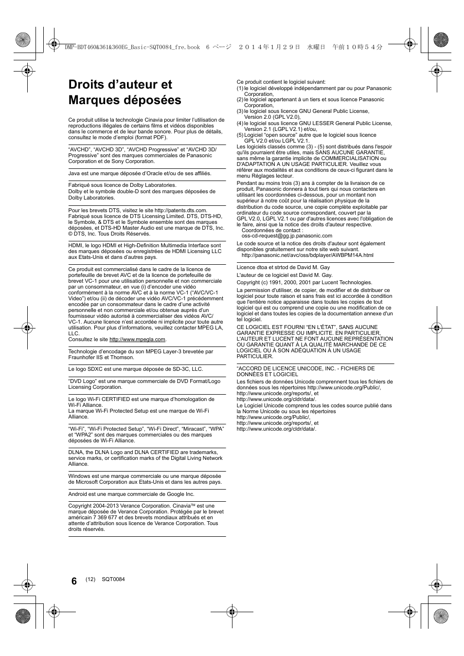 Droits d’auteur et marques déposées | Panasonic DMPBDT361EG User Manual | Page 12 / 72