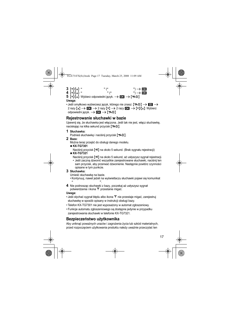 Rejestrowanie słuchawki w bazie, Bezpieczeństwo użytkownika | Panasonic KXTGA731FX User Manual | Page 17 / 36