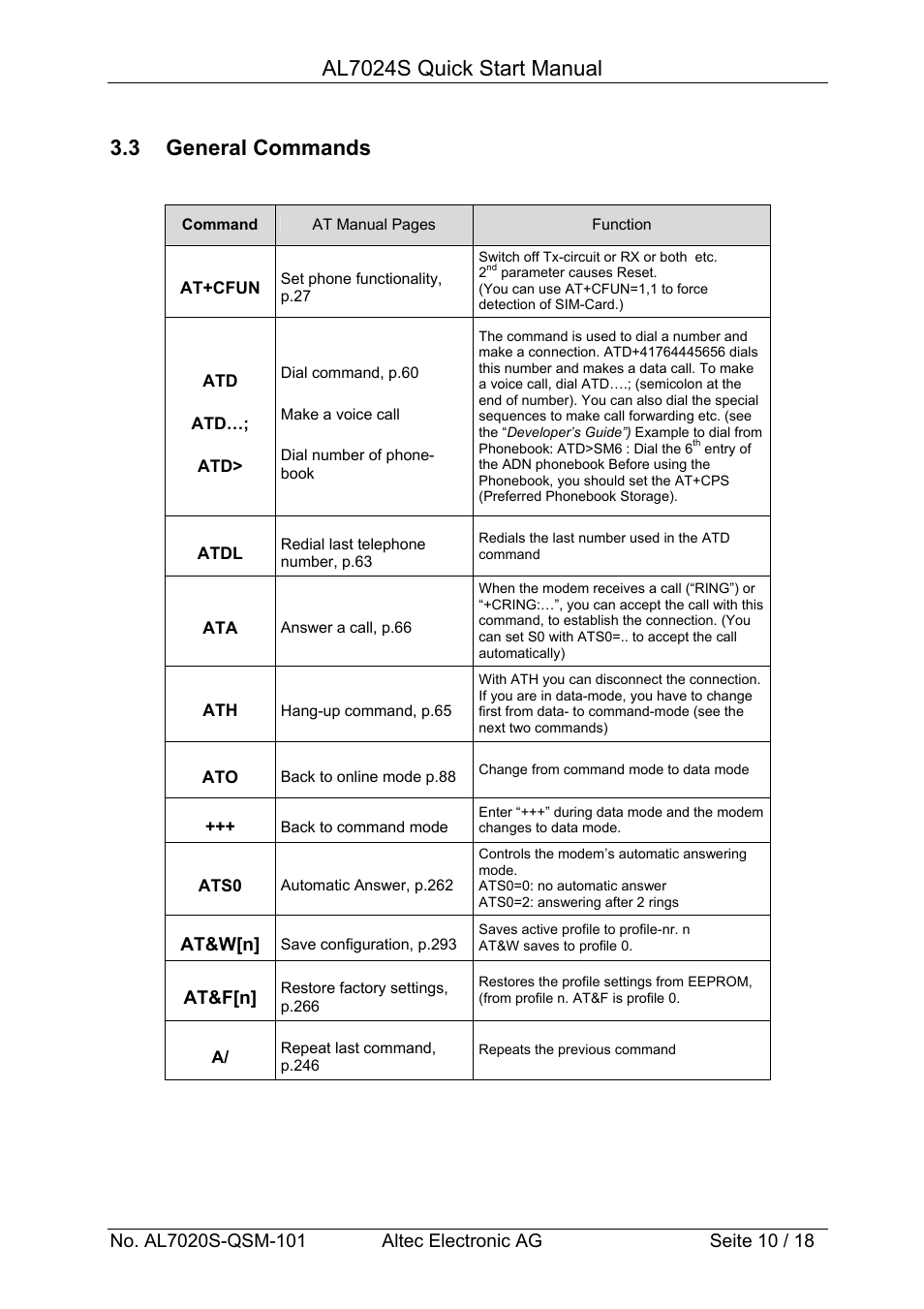 Al7024s quick start manual, 3 general commands | Altech Auto Security AL7024S User Manual | Page 10 / 18