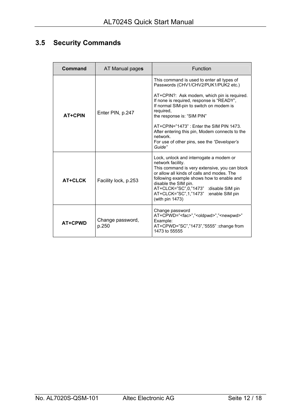 Al7024s quick start manual, 5 security commands | Altech Auto Security AL7024S User Manual | Page 12 / 18