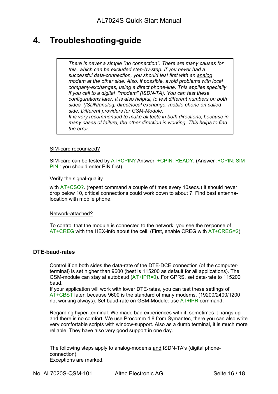 Troubleshooting-guide, Al7024s quick start manual | Altech Auto Security AL7024S User Manual | Page 16 / 18