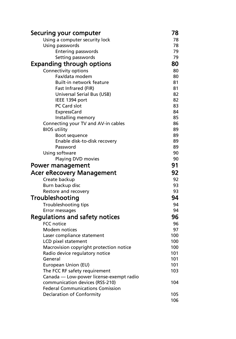 Securing your computer 78, Expanding through options 80, Power management 91 acer erecovery management 92 | Troubleshooting 94, Regulations and safety notices 96 | Acer Aspire 9810 User Manual | Page 18 / 129