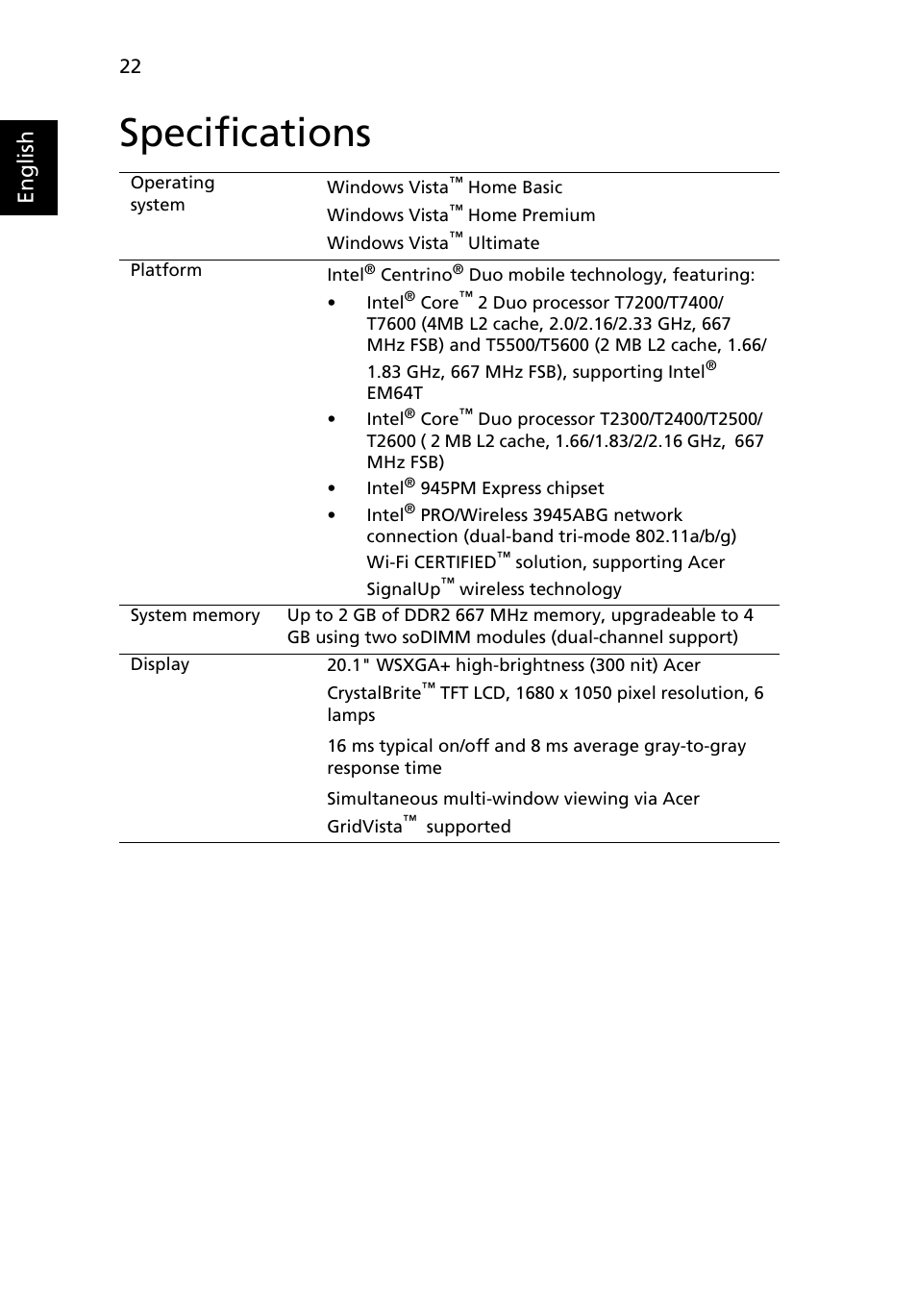 Specifications, English | Acer Aspire 9810 User Manual | Page 42 / 129