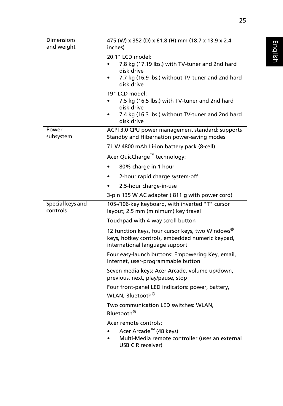 Eng lis h | Acer Aspire 9810 User Manual | Page 45 / 129
