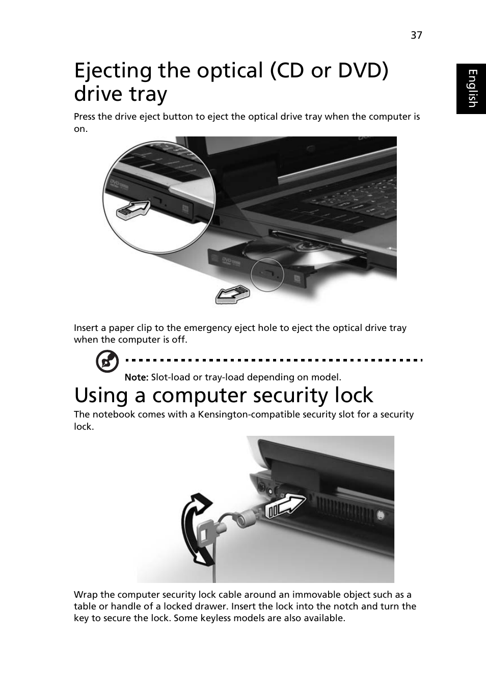 Ejecting the optical (cd or dvd) drive tray, Using a computer security lock | Acer Aspire 9810 User Manual | Page 57 / 129