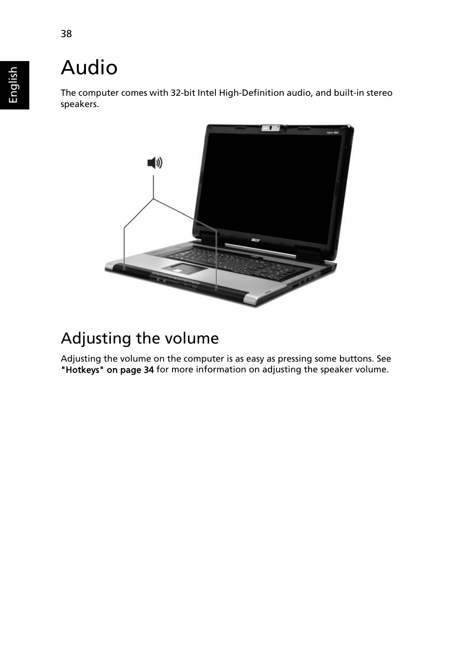 Audio, Adjusting the volume | Acer Aspire 9810 User Manual | Page 58 / 129