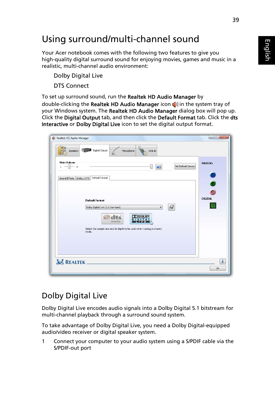 Using surround/multi-channel sound, Dolby digital live | Acer Aspire 9810 User Manual | Page 59 / 129