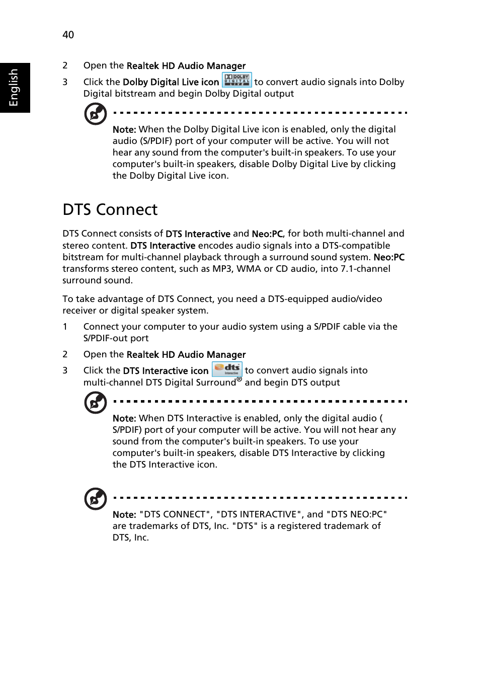 Dts connect | Acer Aspire 9810 User Manual | Page 60 / 129