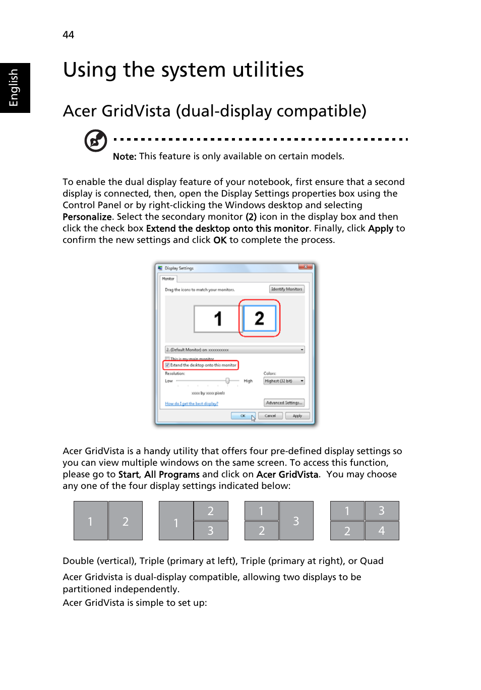 Using the system utilities, Acer gridvista (dual-display compatible) | Acer Aspire 9810 User Manual | Page 64 / 129