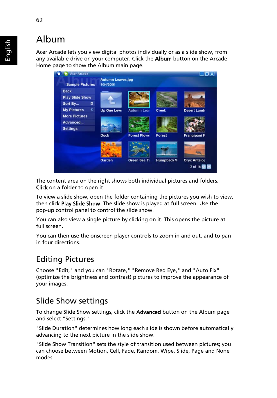 Album, Editing pictures, Slide show settings | Acer Aspire 9810 User Manual | Page 82 / 129