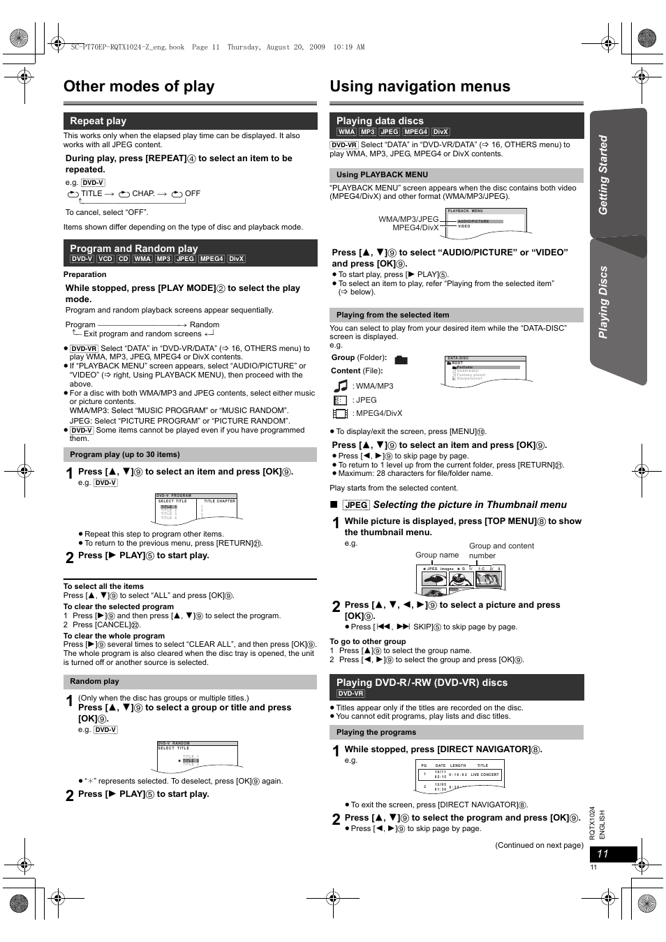 Other modes of play, Using navigation menus, Jpeg] selecting the picture in thumbnail menu | Repeat play, Program and random play, Playing data discs, Playing dvd-r/-rw (dvd-vr) discs | Panasonic SCPT70 User Manual | Page 11 / 82