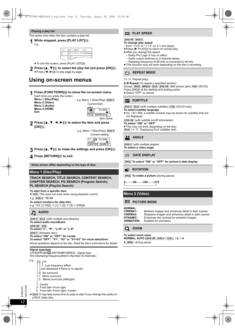 Using on-screen menus | Panasonic SCPT70 User Manual | Page 12 / 82