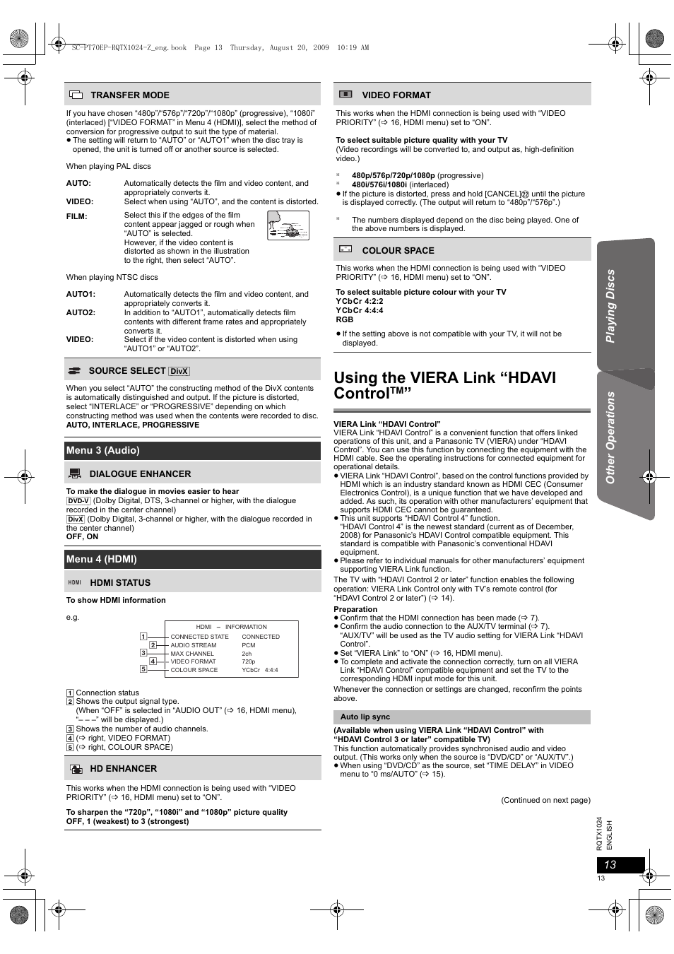 Using the viera link “hdavi control | Panasonic SCPT70 User Manual | Page 13 / 82