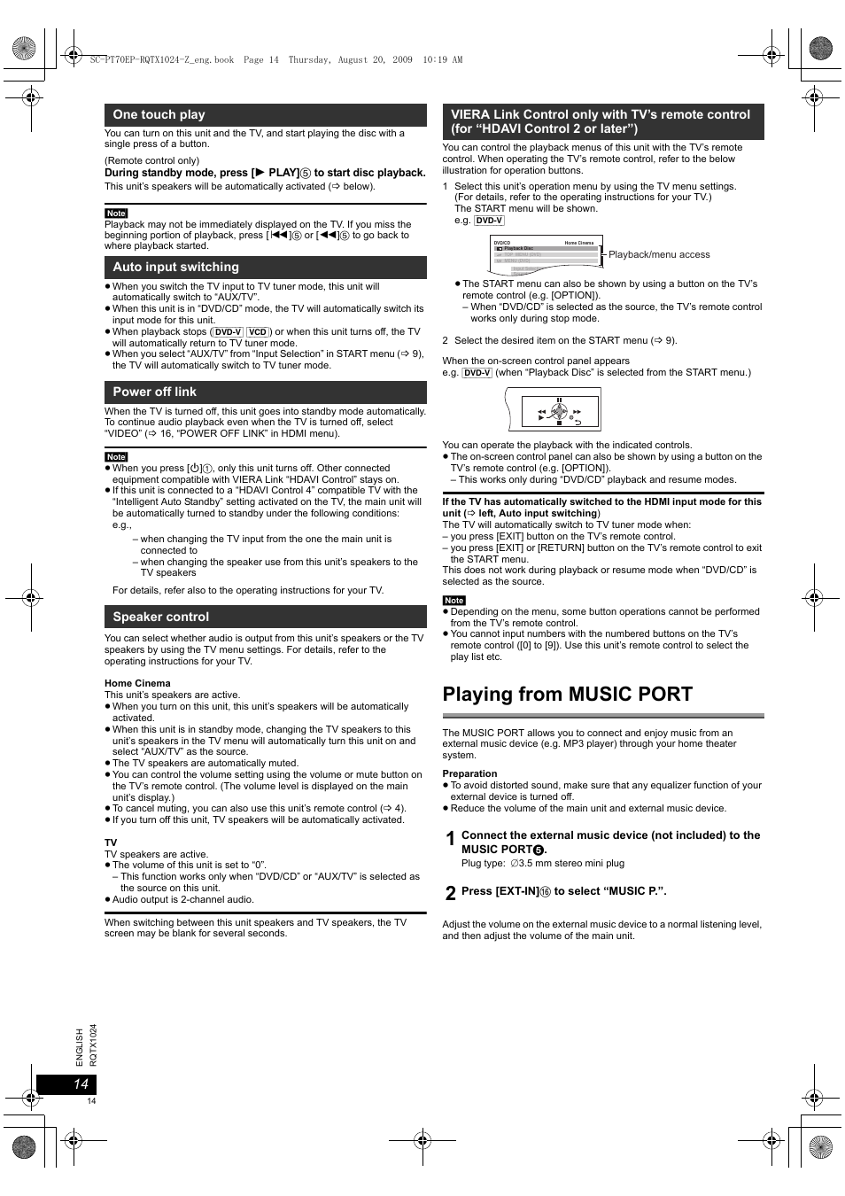Playing from music port | Panasonic SCPT70 User Manual | Page 14 / 82