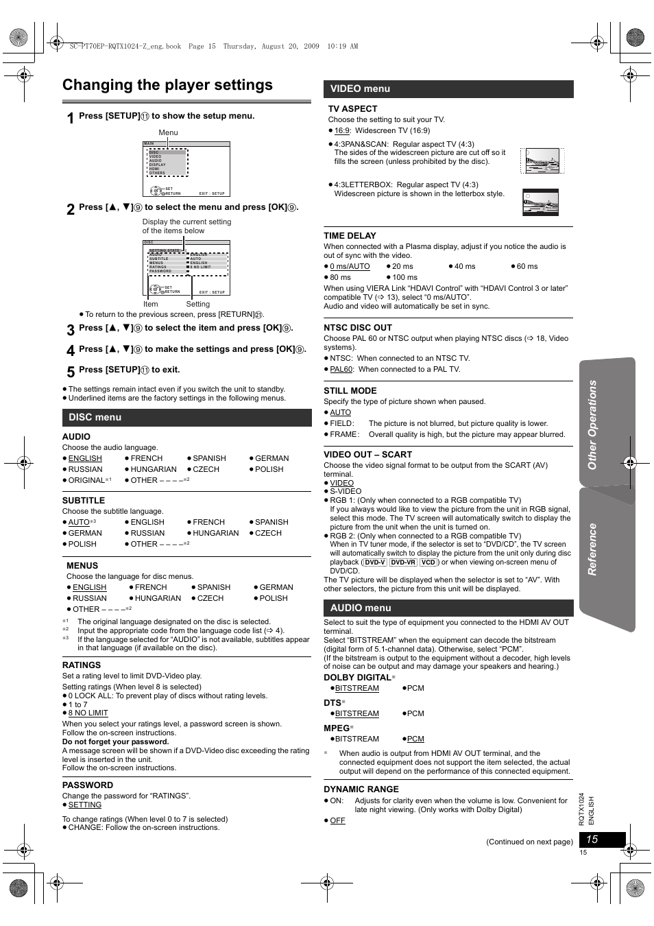 Changing the player settings | Panasonic SCPT70 User Manual | Page 15 / 82