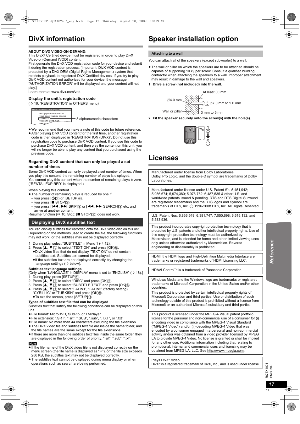 Divx information, Speaker installation option, Licenses | Panasonic SCPT70 User Manual | Page 17 / 82