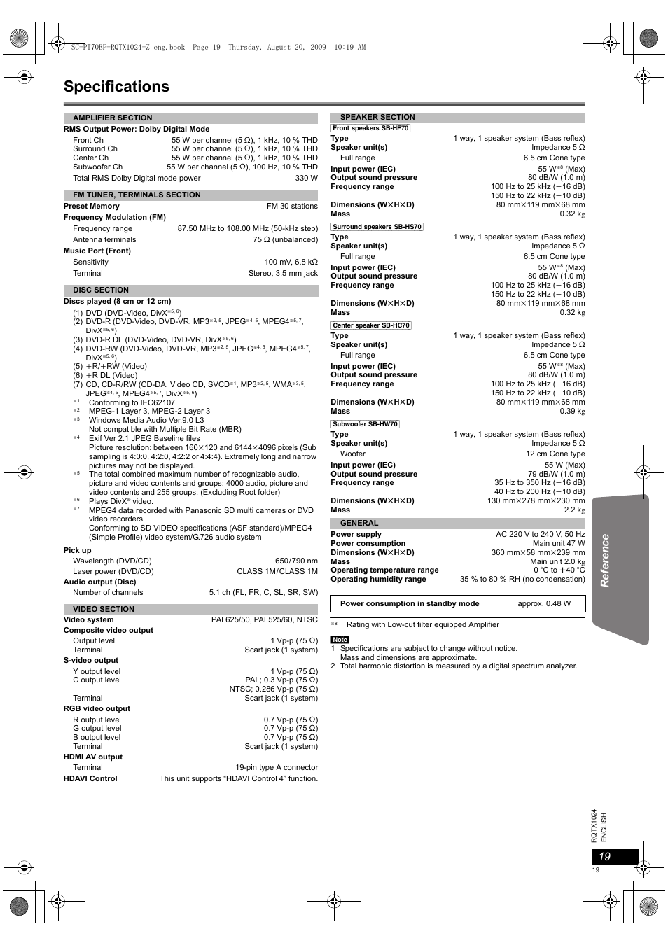 Specifications | Panasonic SCPT70 User Manual | Page 19 / 82