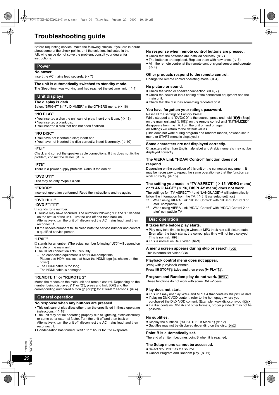 Troubleshooting guide | Panasonic SCPT70 User Manual | Page 20 / 82