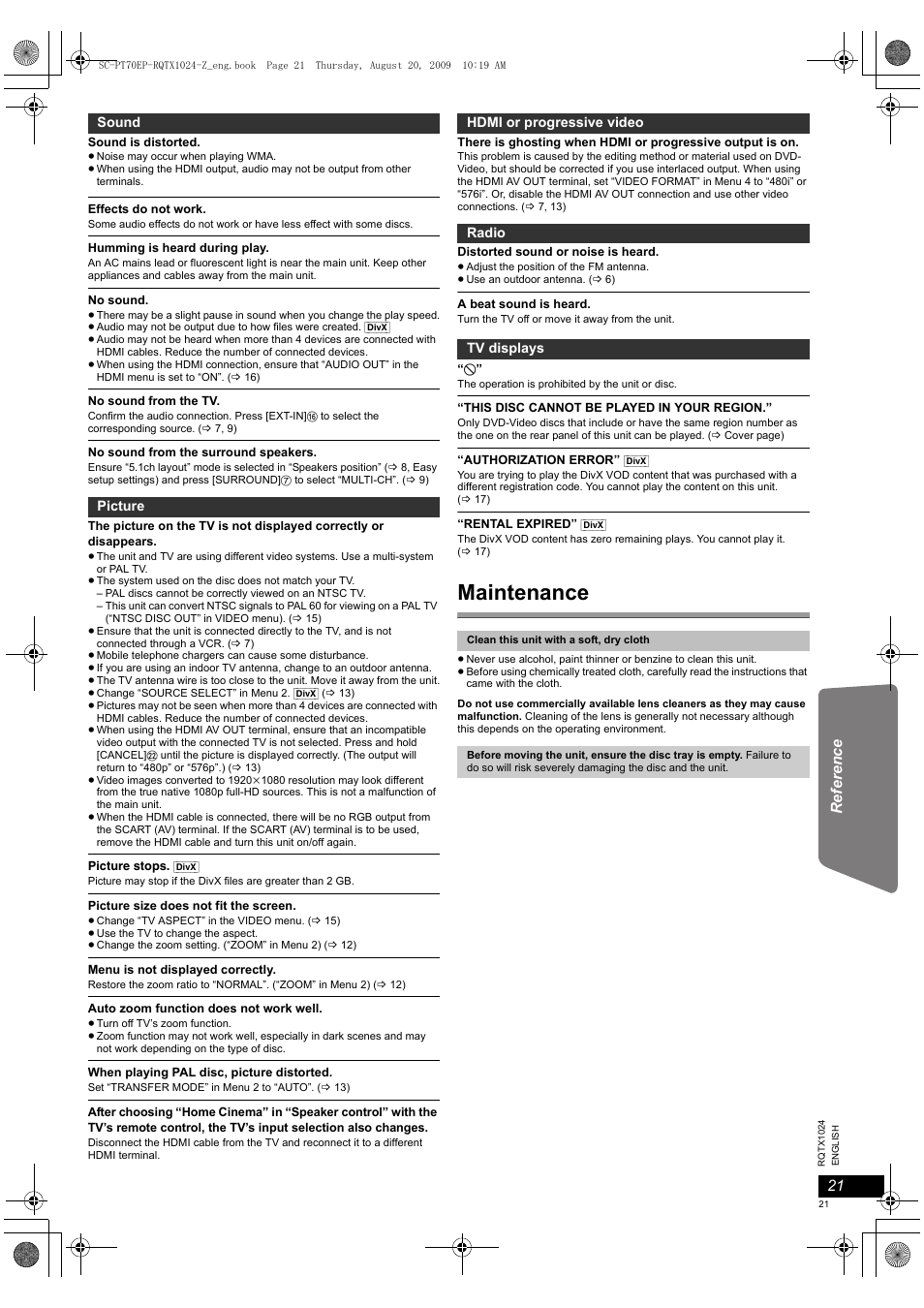 Maintenance | Panasonic SCPT70 User Manual | Page 21 / 82