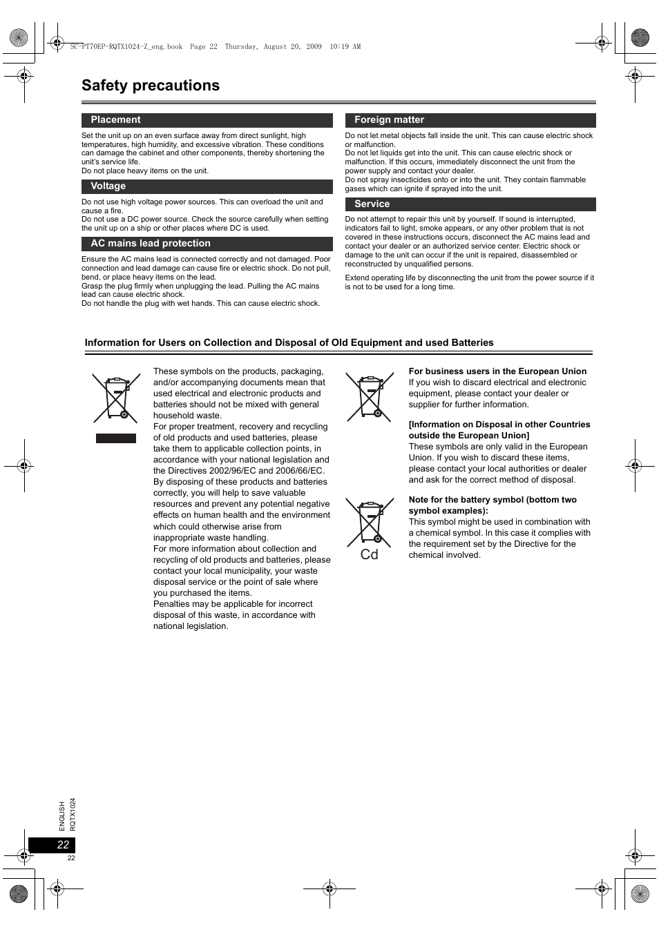 Safety precautions | Panasonic SCPT70 User Manual | Page 22 / 82