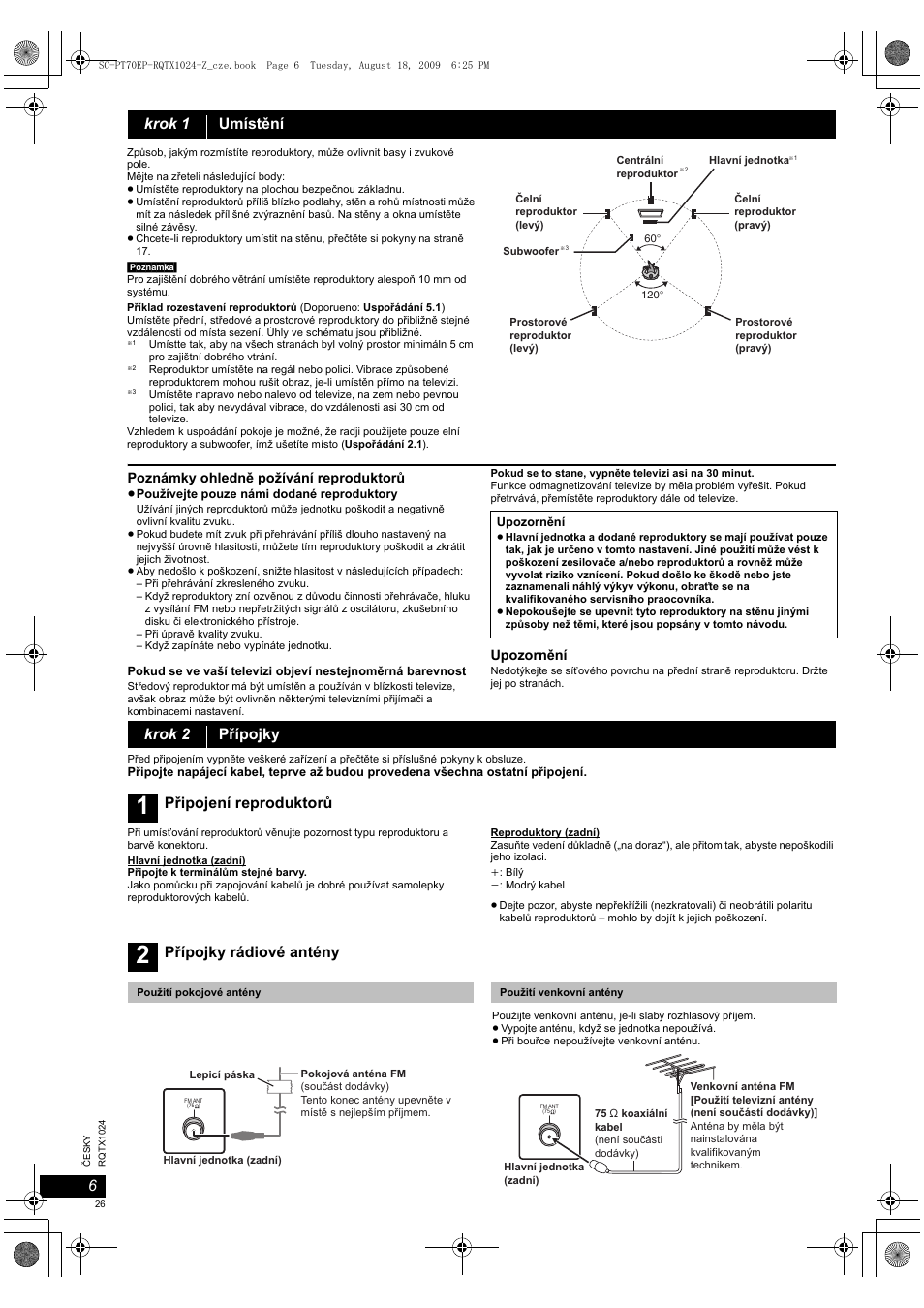 Krok 1 umístění, Krok 2 přípojky, Připojení reproduktorů | Přípojky rádiové antény | Panasonic SCPT70 User Manual | Page 26 / 82