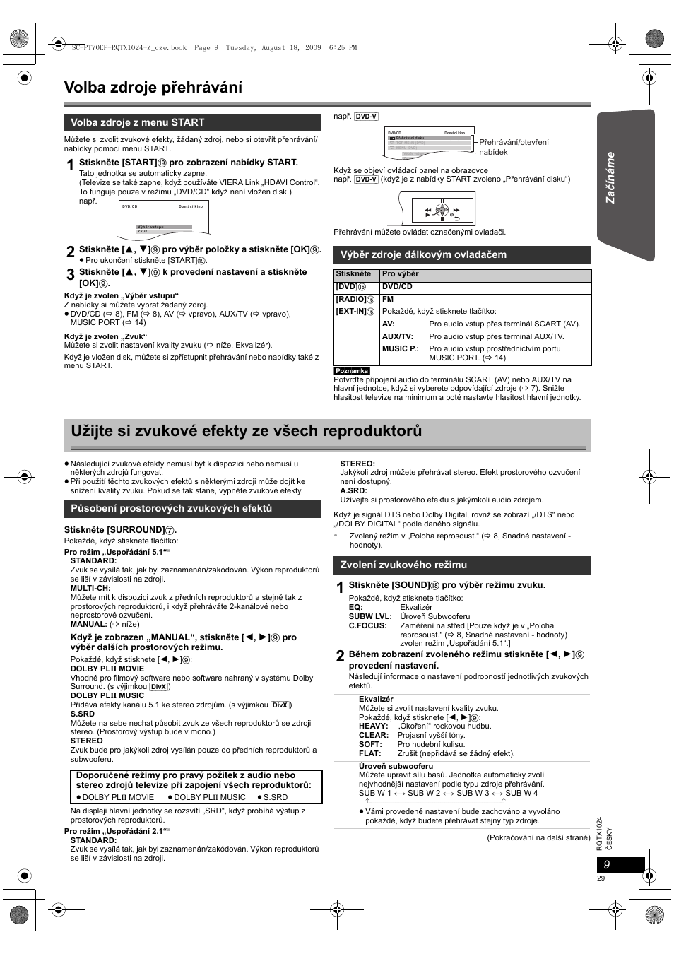 Volba zdroje přehrávání, Užijte si zvukové efekty ze všech reproduktorů | Panasonic SCPT70 User Manual | Page 29 / 82