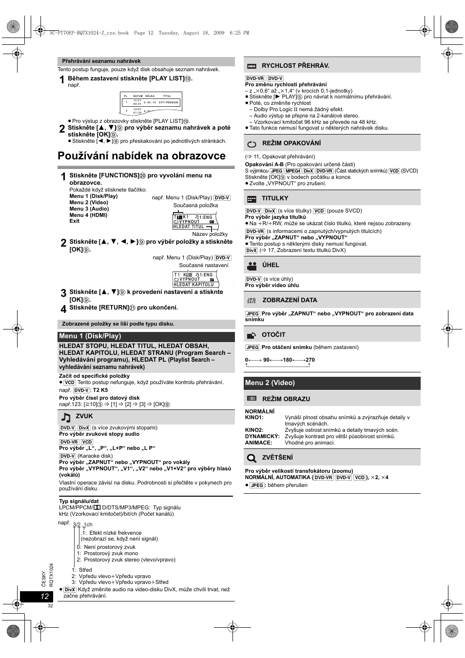 Používání nabídek na obrazovce | Panasonic SCPT70 User Manual | Page 32 / 82