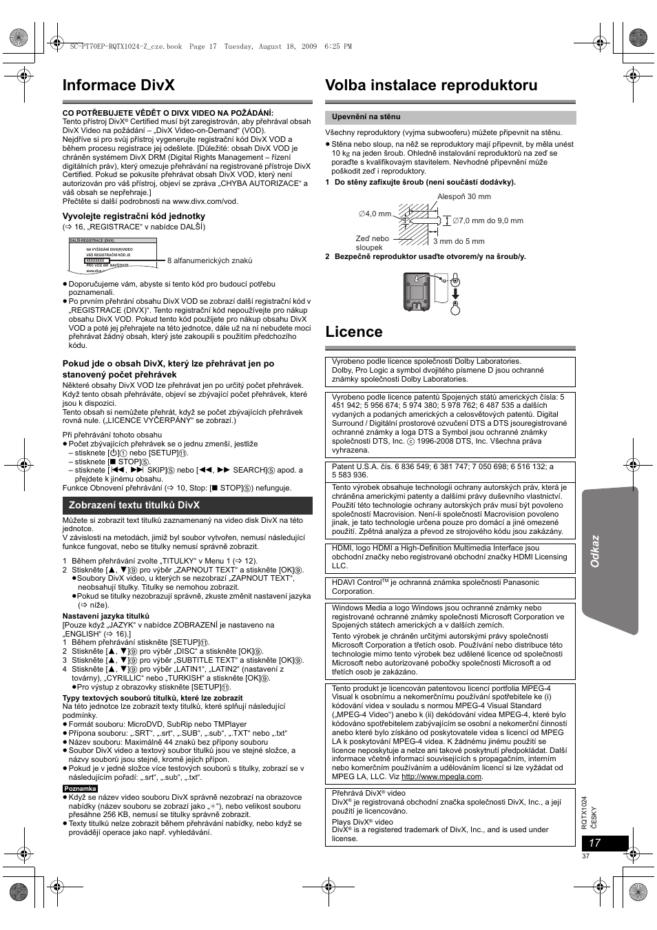 Informace divx, Volba instalace reproduktoru, Licence | Getting s tarted playing discs odkaz | Panasonic SCPT70 User Manual | Page 37 / 82