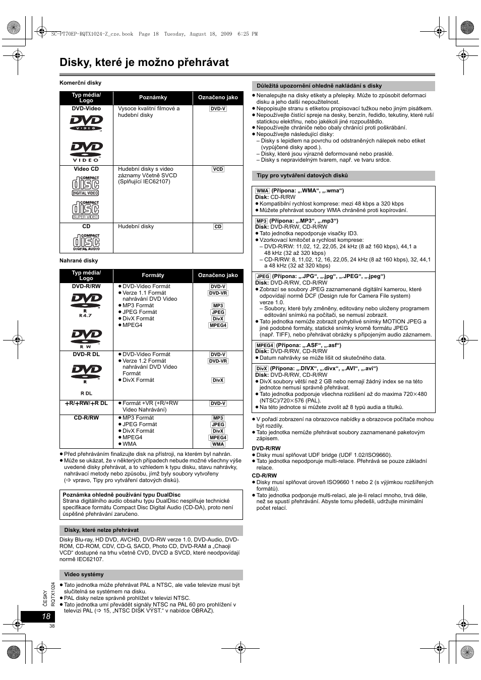 Disky, které je možno přehrávat | Panasonic SCPT70 User Manual | Page 38 / 82