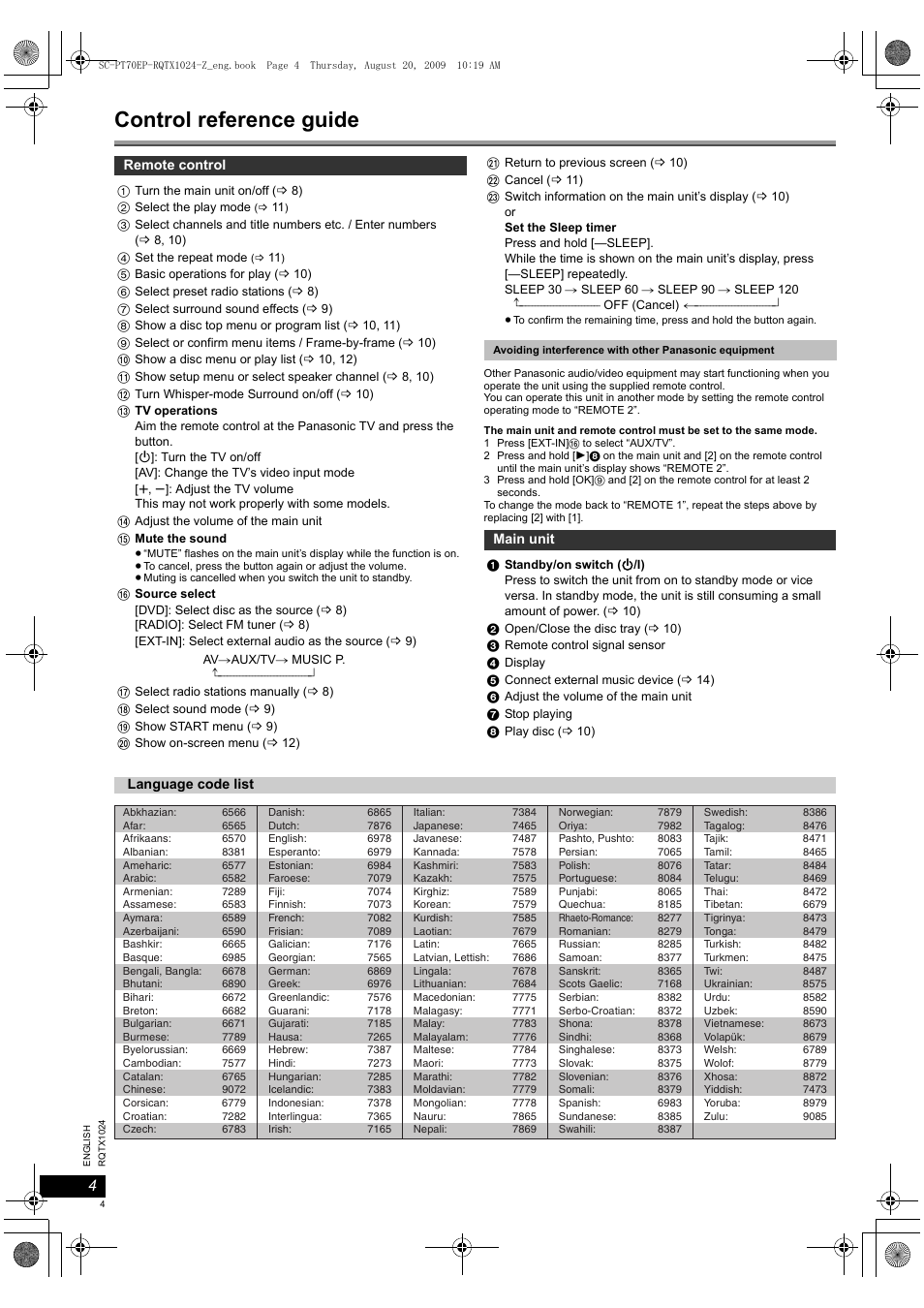 Control reference guide | Panasonic SCPT70 User Manual | Page 4 / 82