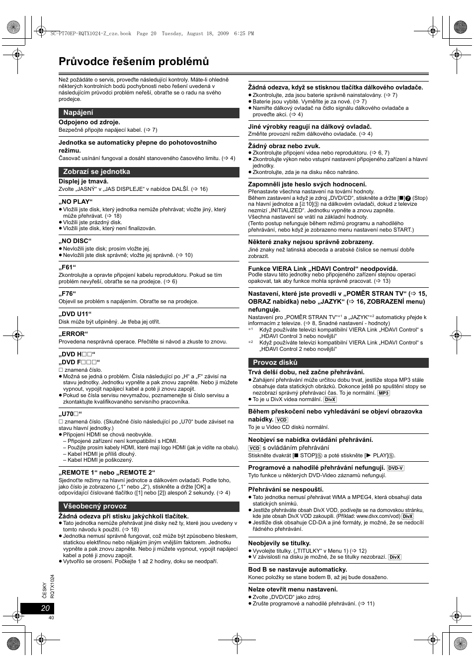 Průvodce řešením problémů | Panasonic SCPT70 User Manual | Page 40 / 82