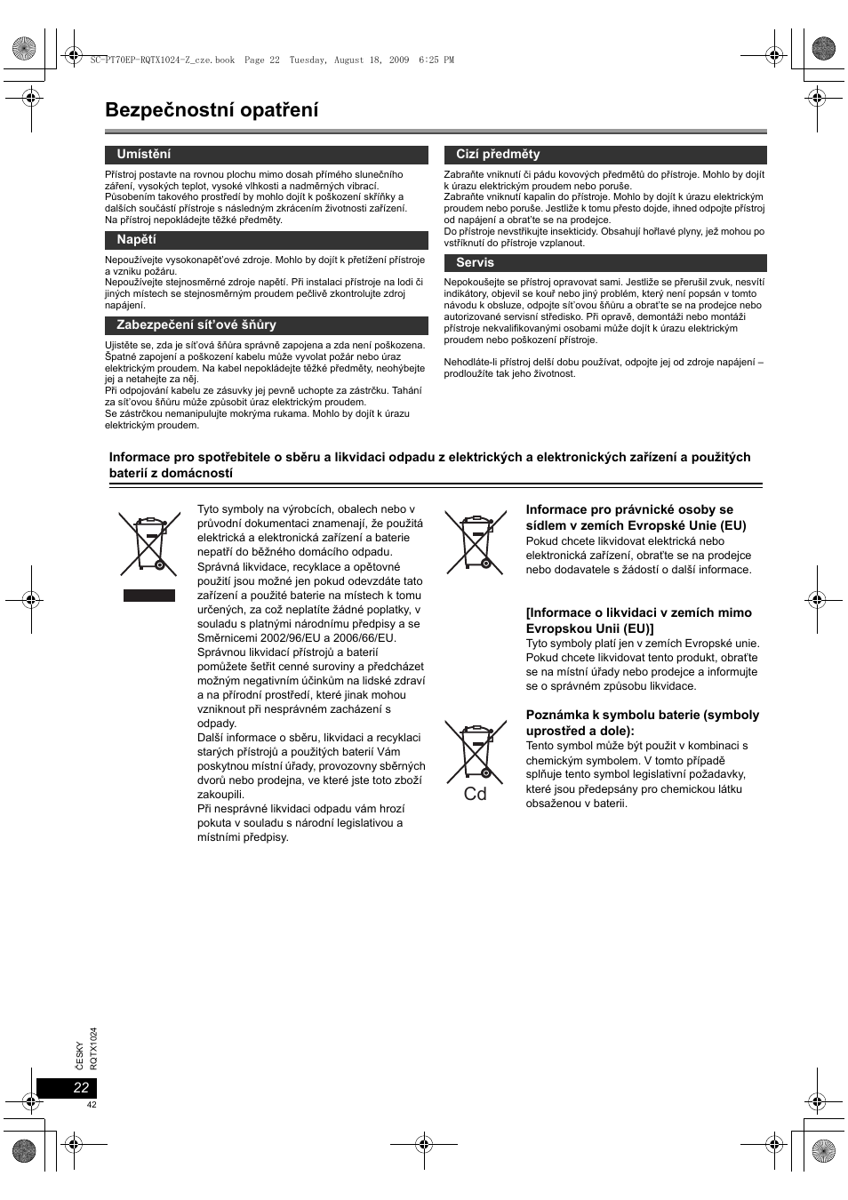 Bezpečnostní opatření | Panasonic SCPT70 User Manual | Page 42 / 82