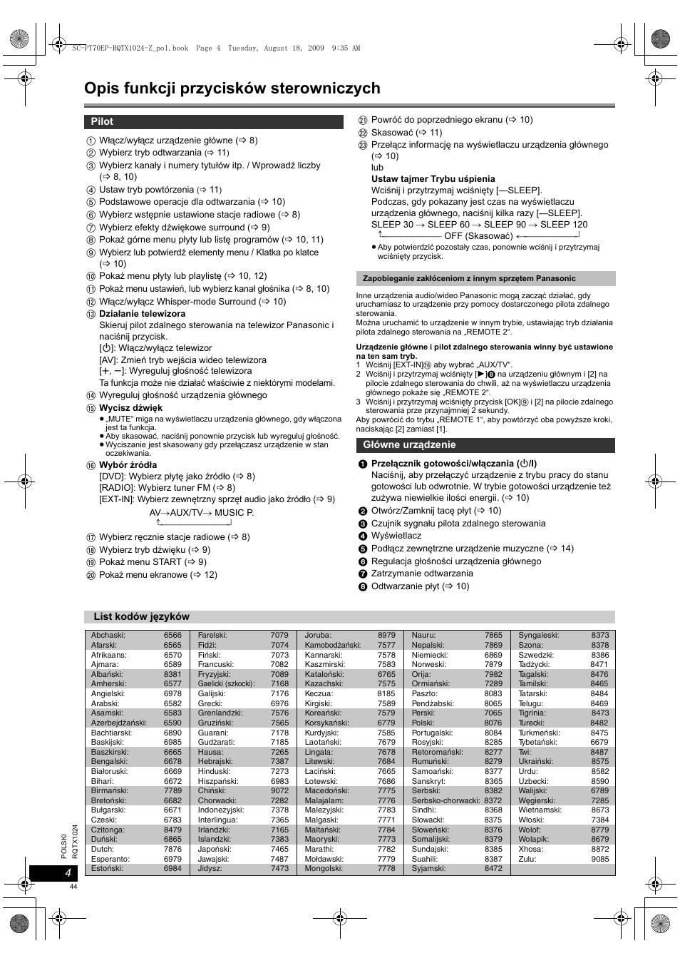 Opis funkcji przycisków sterowniczych | Panasonic SCPT70 User Manual | Page 44 / 82