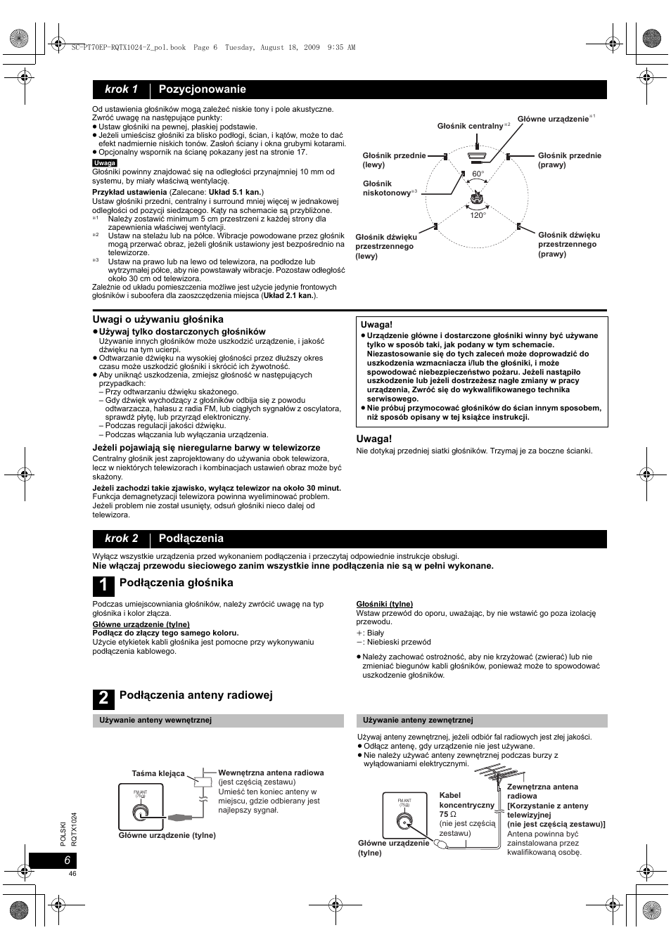 Krok 1 pozycjonowanie, Krok 2 podłączenia, Podłączenia głośnika | Podłączenia anteny radiowej | Panasonic SCPT70 User Manual | Page 46 / 82